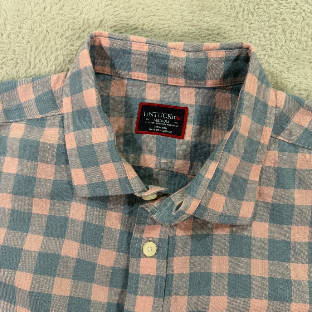 UNTUCKit Mens Medium Sutton WR Slim Fit Linen Shirt Pink Blue Gingham Check Flex - Picture 2 of 8